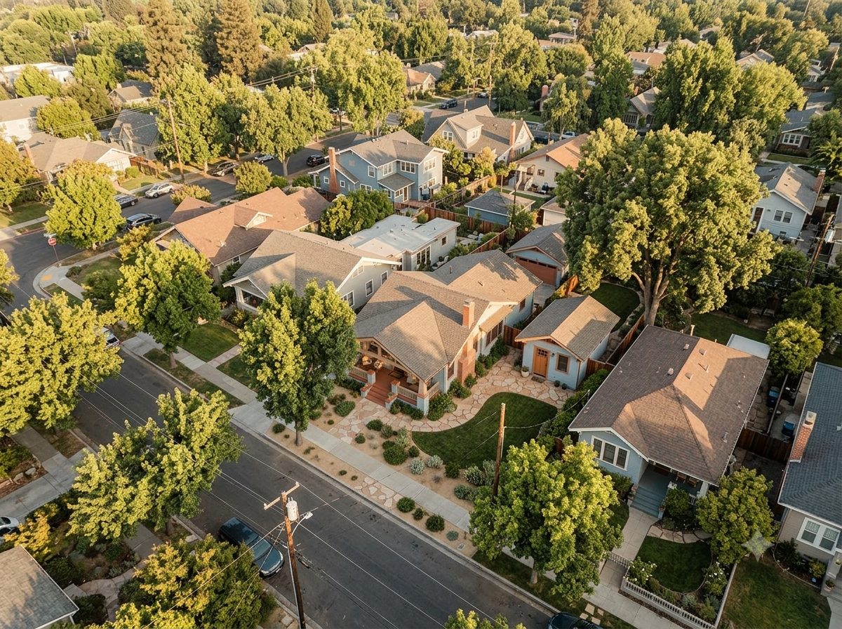 Aerial view of a leafy residential neighborhood