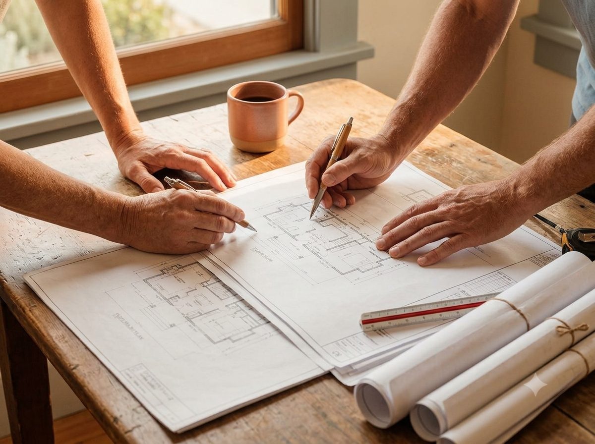 Hands reviewing architectural blueprints at a wooden table